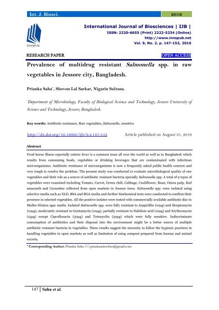 Prevalence of multidrug resistant Salmonella spp. in raw vegetables in Jessore city, Bangladesh.