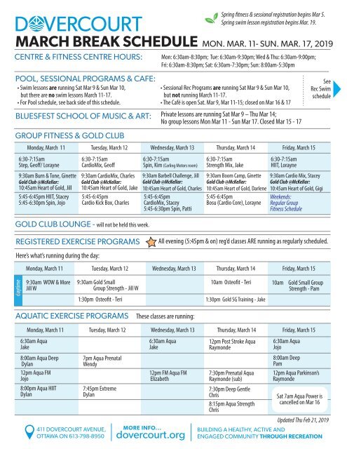 Dovercourt March Break schedule Mar 11-15, 2019