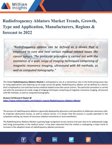 Radiofrequency Ablators Market Perspective, Comprehensive Analysis, Size, Share, Growth, Segment, Trends and Forecast 2022