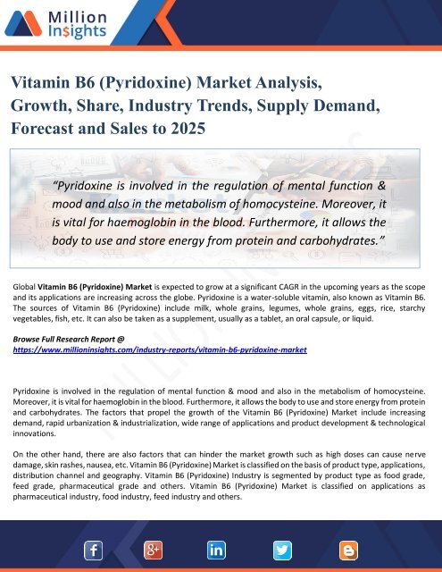 Vitamin B6 (Pyridoxine) Market Outlook By Industry Facts, Size, Sales, Growth, Applications, Products, Revenue & Forecast 2025