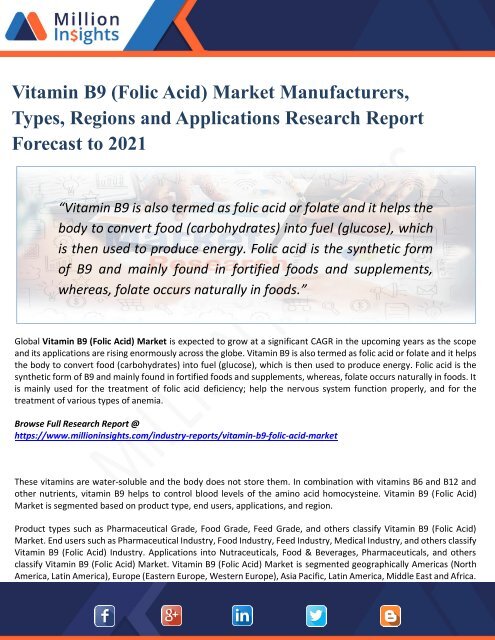 Vitamin B9 (Folic Acid) Market Manufacturers, Types, Regions and Applications Research Report Forecast to 2021