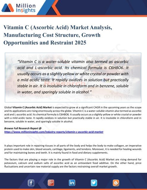 Vitamin C (Ascorbic Acid) Market Size, Growth, Analysis, Applications, Opportunities, and Forecasts to 2025