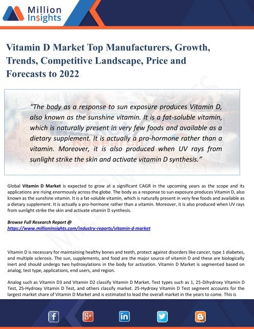 Vitamin D Market Manufacturing Cost Analysis, Key Raw Materials, Price Trend, Industrial Chain Analysis by 2022