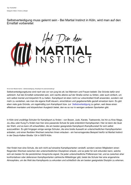 Selbstverteidigung muss gelernt sein - Bei Martial Instinct in Koeln, wird man auf den Ernstfall vorbereitet