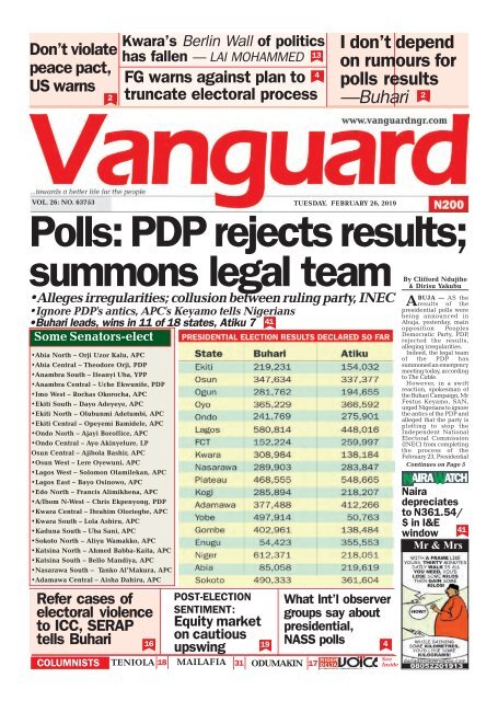 26022019 - Polls: PDP rejects results; summons legal team