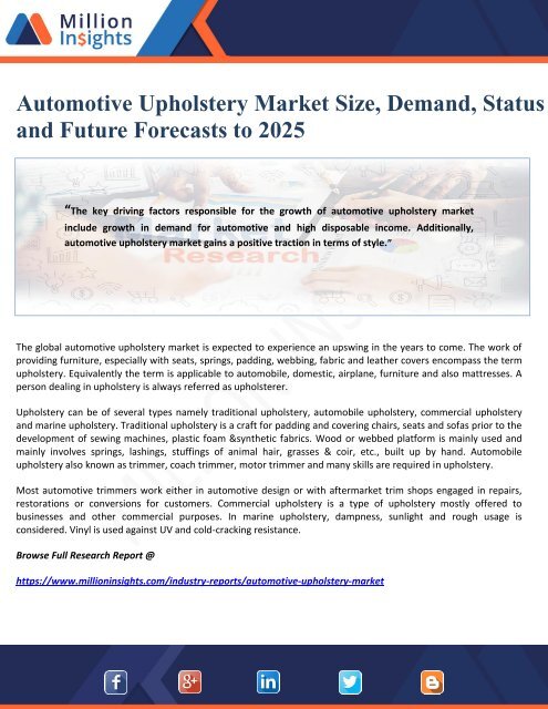 Automotive Upholstery Market Size, Demand, Status and Future Forecasts to 2025