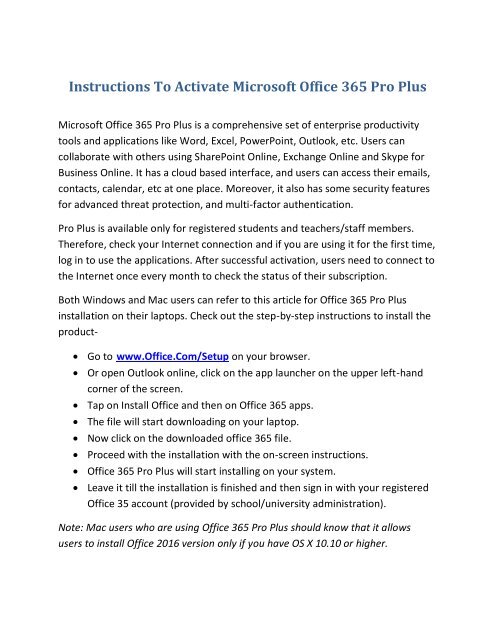 Instructions to activate Microsoft Office 365 Pro Plus