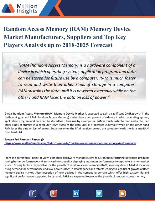 Random Access Memory (RAM) Memory Device Market Key Players, Industry Overview, Supply and Consumption Demand Analysis to 2025