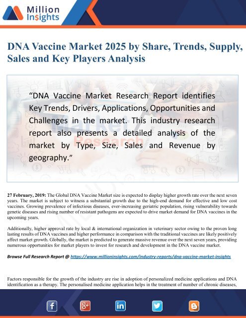 DNA Vaccine Market, Status and Forecast, by Players, Types and Applications