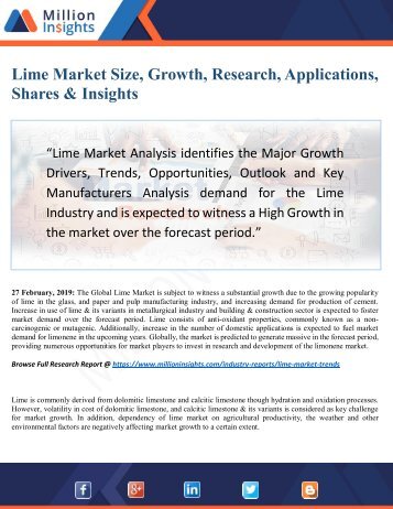Lime Market 2025 Overview by Key Regions, Size and Application