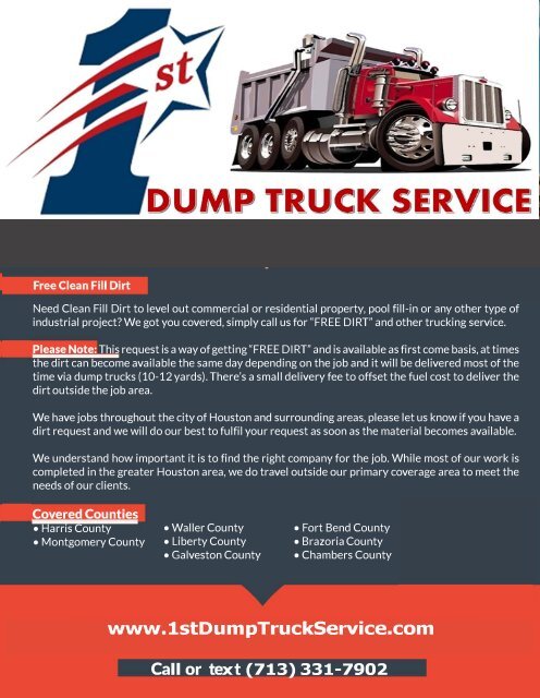 1st dump truck service back fill dirt trucking compony Houston Texas