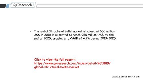 Global Structural Bolts market is expected to reach 950 million US$ by the end of 2025