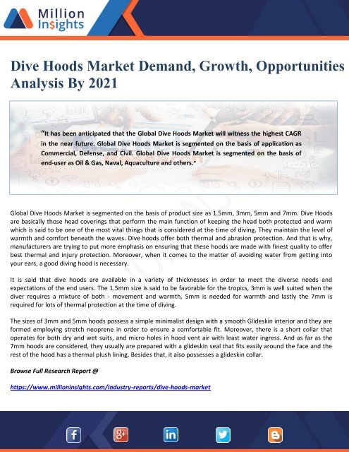 Dive Hoods Market Demand, Growth, Opportunities and Analysis By 2021