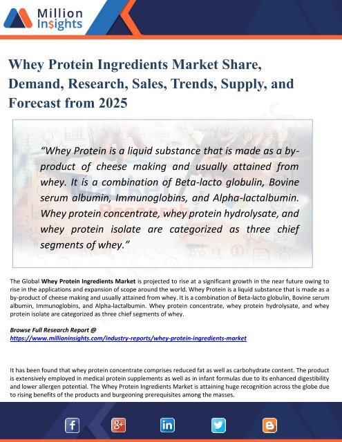 Whey Protein Ingredients Market Share, Demand, Research, Sales, Trends ...