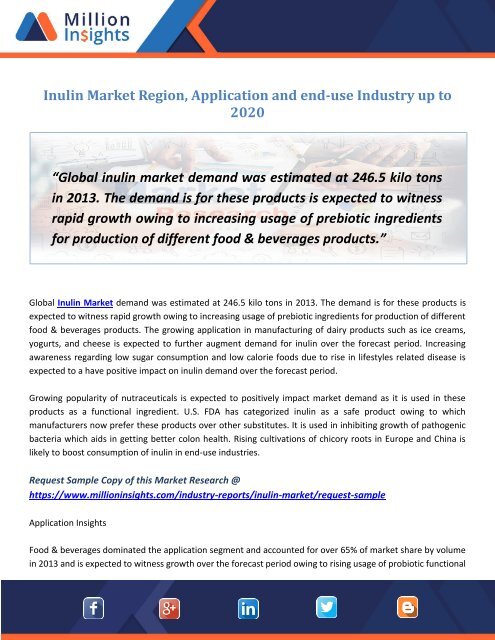 Inulin Market Region, Application and end-use Industry up to 2020