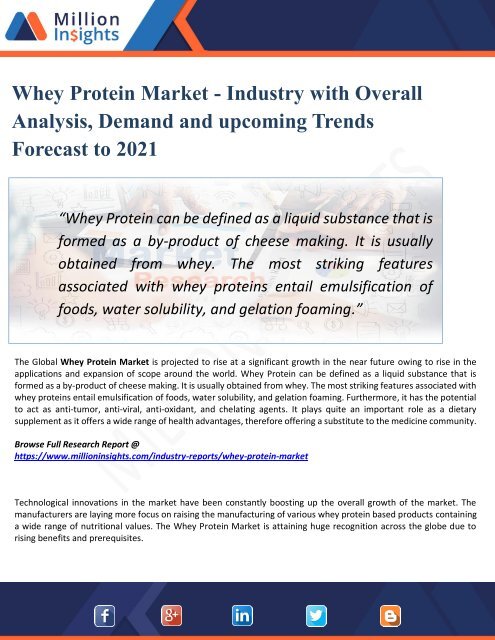 Whey Protein Market Analysis, Growth Drivers, Vendors Landscape, Shares, Trends, Industry Challenges with Forecast to 2021