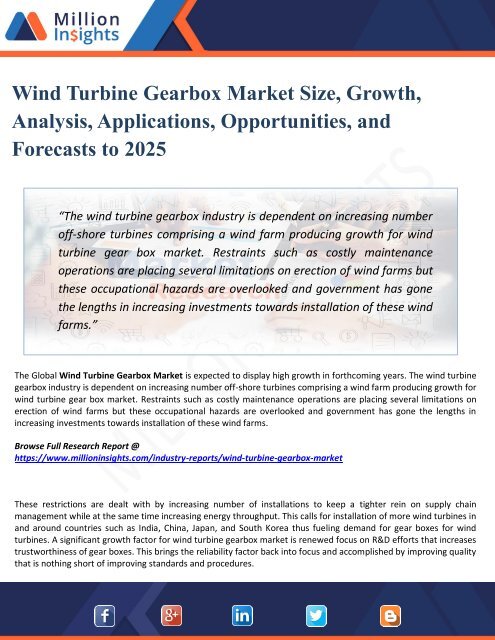 Wind Turbine Gearbox Market - Industry Insights, Trends, Outlook, And Opportunity Analysis, 2025
