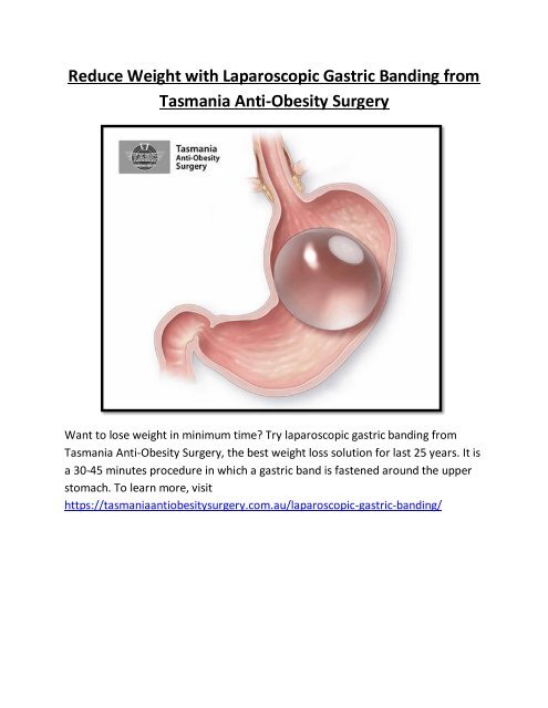 Reduce Weight with Laparoscopic Gastric Banding from Tasmania Anti-Obesity Surgery