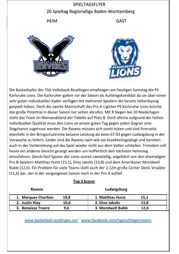 Basketball Regionalliga  Reutlingen Ravens vs. PS Karlsruhe Lions