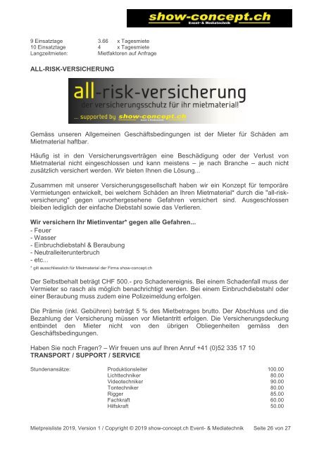 show-concept.ch Mietpreisliste 2019 - Version 1