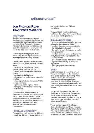 JOB PROFILE: ROAD TRANSPORT MANAGER - Education Scotland