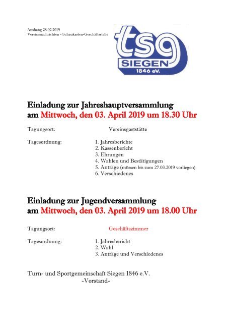 Einladung Jahreshauptversammlung 2019