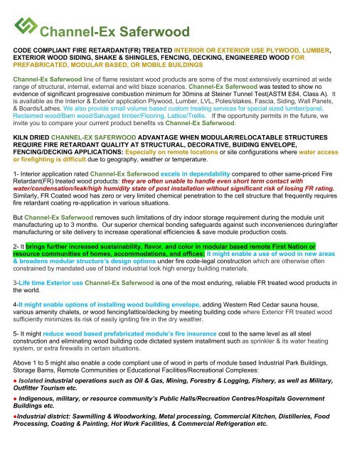 Modular Housing and Relocatable Structure Application Channel-Ex Saferwood: Fire Retardant Treated Wood Products for Interior & Exterior Applications