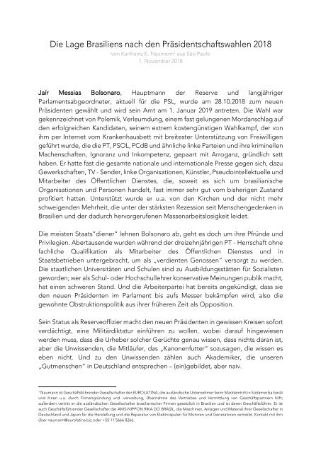 Die Lage Brasiliens nach den Präsidentschaftswahlen 2018