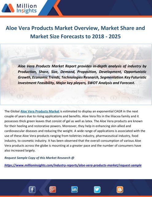 Aloe Vera Products Market Overview, Market Share and Market Size Forecasts to 2018 - 2025