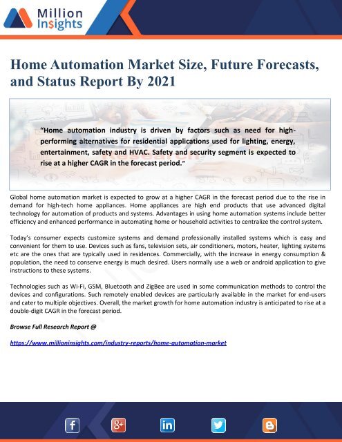 Home Automation Market Size, Future Forecasts, and Status Report By 2021