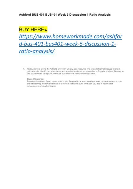 Ashford BUS 401 BUS401 Week 5 Discussion 1 Ratio Analysis