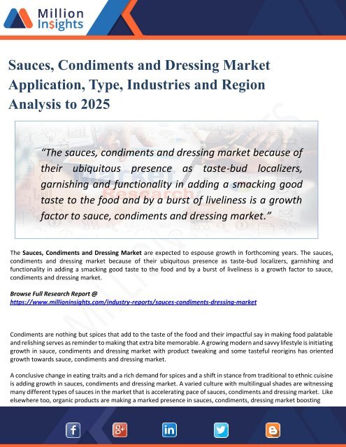Sauces, Condiments and Dressing Market Key Players, Industry Overview, Supply and Consumption Demand Analysis to 2025