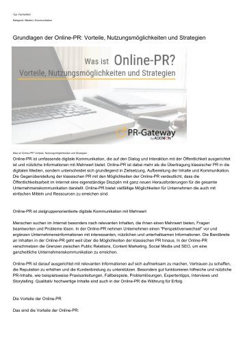 Grundlagen der Online-PR: Vorteile, Nutzungsmoeglichkeiten und Strategien