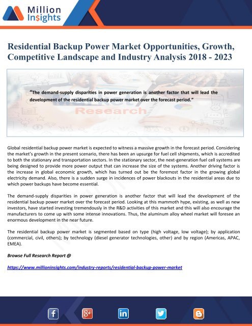 Residential Backup Power Market Opportunities, Growth, Competitive Landscape and Industry Analysis 2018 - 2023