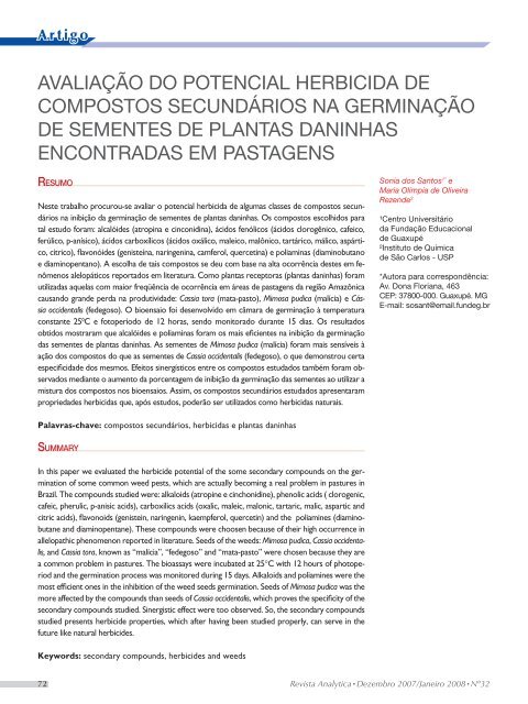 Avaliação do potencial herbicida de compostos secundários na germinação de sementes de plantas daninhas encontradas em pastagens