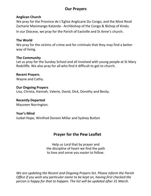 St Mary Redcliffe Church Pew Leaflet - March 10 2019 