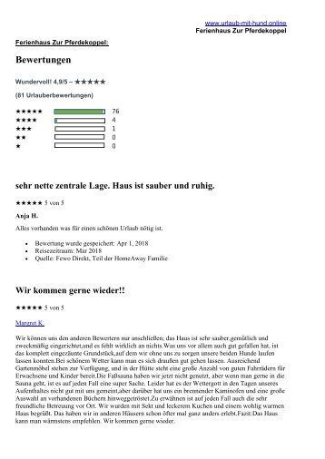 Bewertungen Ferienhaus Zur Pferdekoppel Stand 2008-März 2019