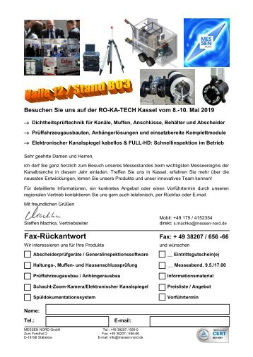 Einladung zur RO-KA-TECH 2019: Besuchen Sie die MESSEN NORD GmbH in Halle 12, Stand B03 und die Dichtheitsprüffahrzeuge auf dem Aussenstand vor Halle 1 - Eintrittsgutscheine verfügbar!