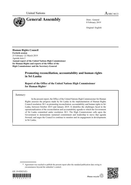 Report of the Office of the United Nations High Commissioner for Human Rights In Sri Lanka