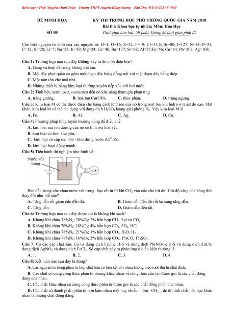 10 ĐỀ MINH HỌA 8 ĐIỂM KỲ THI TRUNG HỌC PHỔ THÔNG QUỐC GIA MÔN HÓA CÓ HƯỚNG DẪN GIẢI