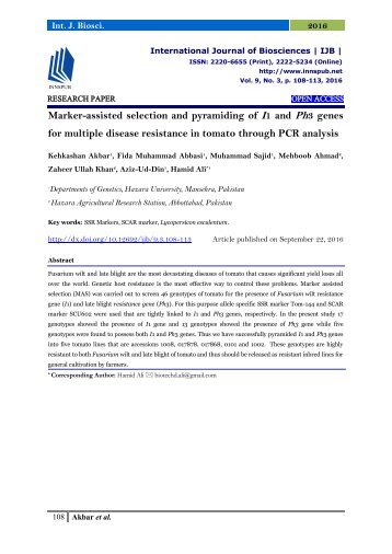 Marker-assisted selection and pyramiding of I1 and Ph3 genes for multiple disease resistance in tomato through PCR analysis