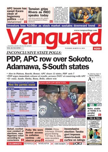 12032019 - INCONCLUSIVE STATE POLLS: PDP, APC row over Sokoto, Adamawa, S-South states
