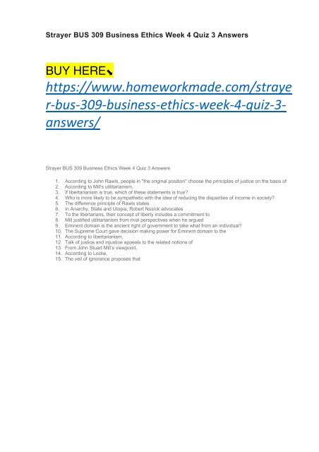 Strayer BUS 309 Business Ethics Week 4 Quiz 3 Answers