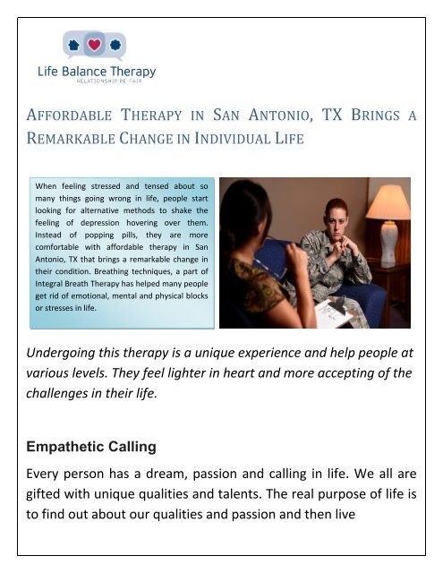 Affordable Therapy in San Antonio, TX Brings a Remarkable Change in Individual Life
