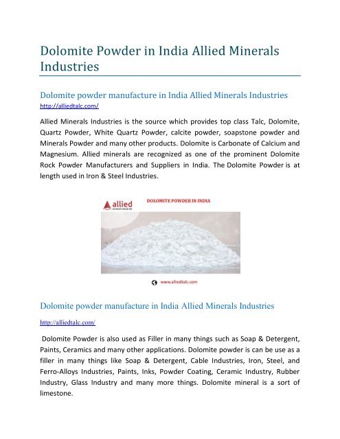 Dolomite powder manufacture in India Allied Minerals Industries