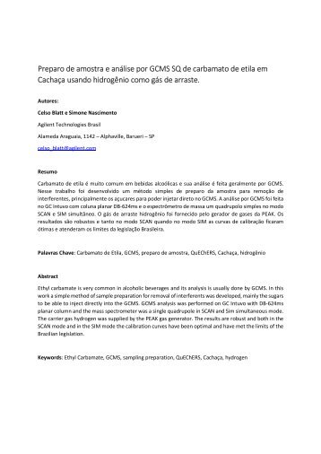 Preparo de amostra e análise por GCMS SQ de carbamato de etila em Cachaça usando hidrogênio como gás de arraste
