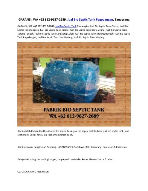 GARANSI, WA +62 812-9627-2689, Jual Bio Septic Tank Pagedangan, Tangerang