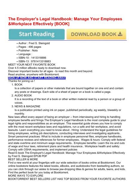 Read E-book The Employer's Legal Handbook: Manage Your Employees & Workplace Effectively by Fred S. Steingold EPUB PDF