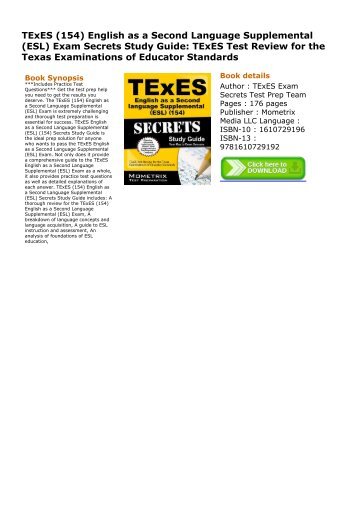 (RELIABLE) TExES (154) English as a Second Language Supplemental (ESL) Exam Secrets Study Guide: TExES Test Review for the Texas Examinations of Educator Standards ebook eBook PDF