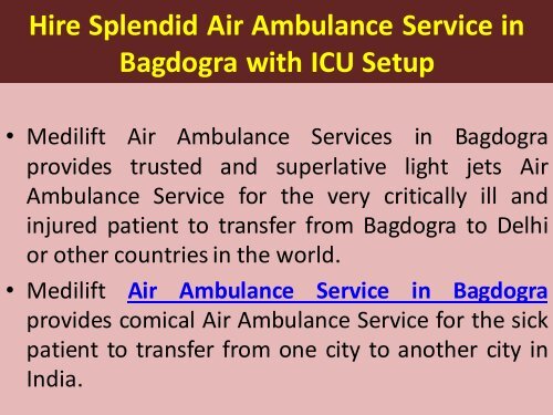 Hire Spectacular Air Ambulance Service in Bagdogra with Doctor